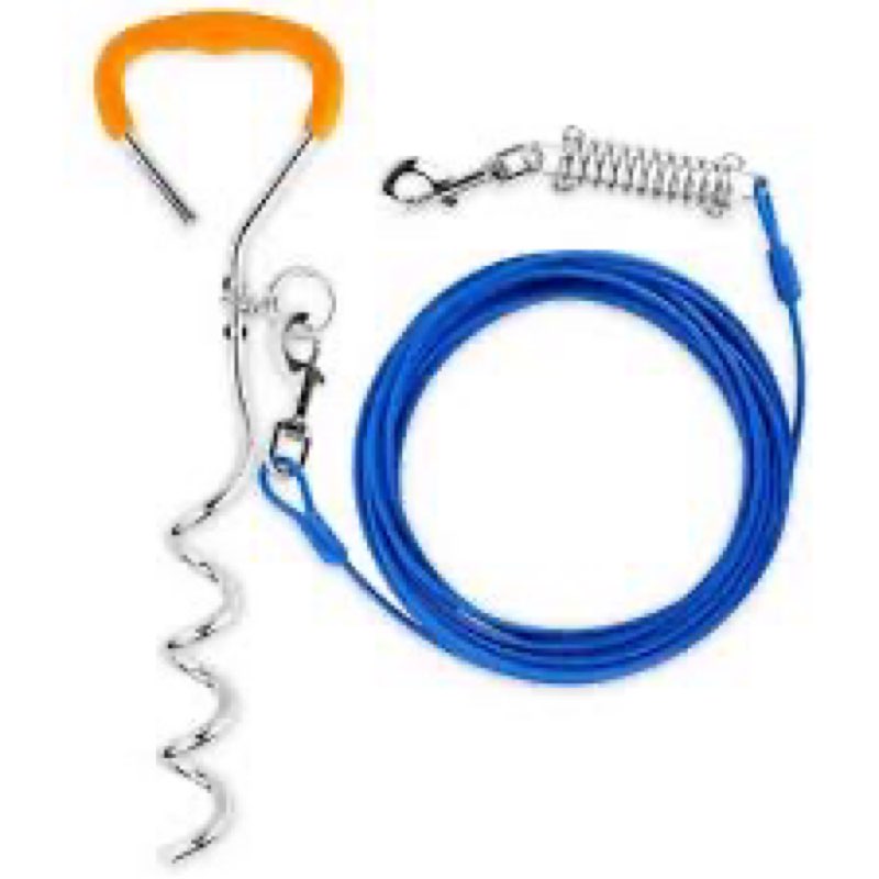 petbobi dog tie-out cable and stake - 10ft heavy duty cable with spring, no tangle, 16in ground stak