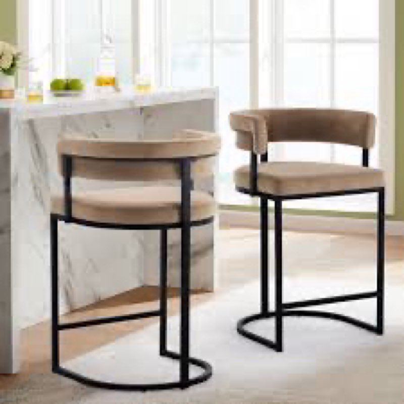 modern velvet bar stools with barrel backrest, upholstered seat, and metal footrest – 25.6-inch seat height, ideal for counters, home bars, and kitchen islands