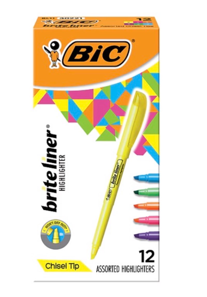 BIC Brite Liner Stick Highlighter, Chisel Tip, Assorted Colors, Dozen