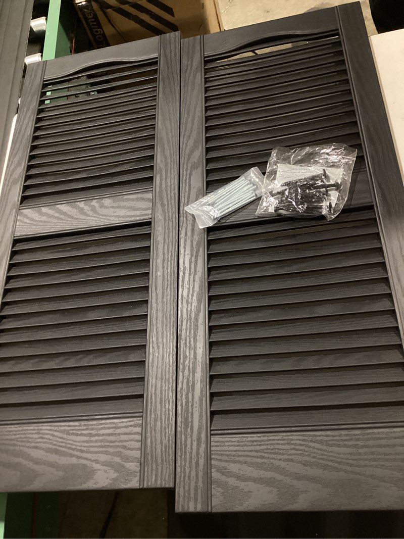 Condition photo showing New/Like New for mid america open louver 14.5 inch vinyl shutters (1 pair) - 14.5 x 36 002 black - with mounting hardware - injection molded fade-resistant wood grain finish black 14.5"w x 36"h