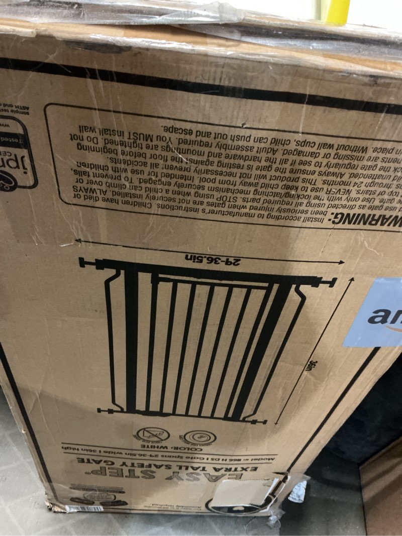 Condition photo showing As Is for Regalo Safety 36" Extra Tall Baby Gate for Doorways & Bottom of Stairs, Pressure Mount, Toddlers & Pets, 6-24 Months, Tested & Safe for 30 Years, American Designed, American Owned White 29-36.5"W x 36"H