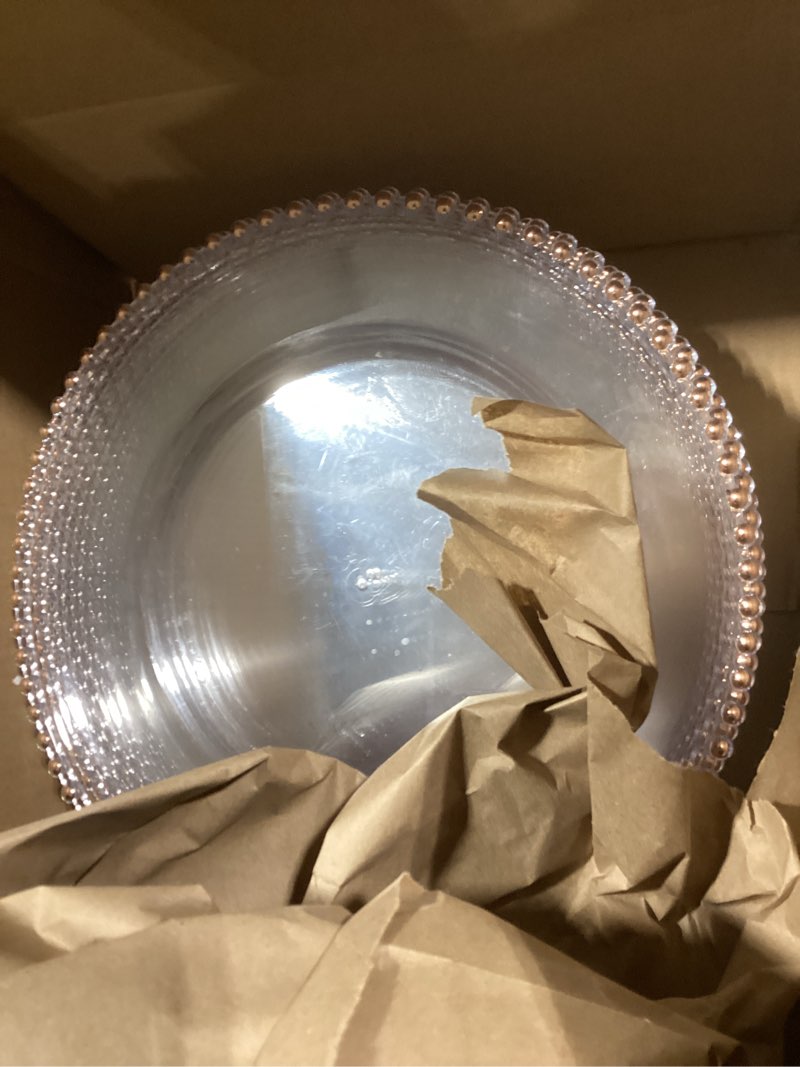 Condition photo showing Good Condition for 12 Pack Clear Charger Plates with Beaded Rim, 13 Inch Plastic Chargers for Dinner Plates Acrylic Round Tabletop Decoration for Home Kitchen Catering Wedding Table Event Party Dinner (Pink) 12 pack Pink Beaded
