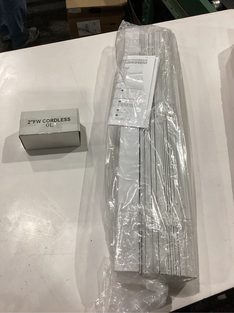 Condition photo showing New/Like New for arlo blinds faux wood blinds with crown valance - 25" width x 48" height, white, cordless window blinds & shades - blinds for indoor windows, 2" faux wooden blinds for home, window shades 25"w x 48"h white