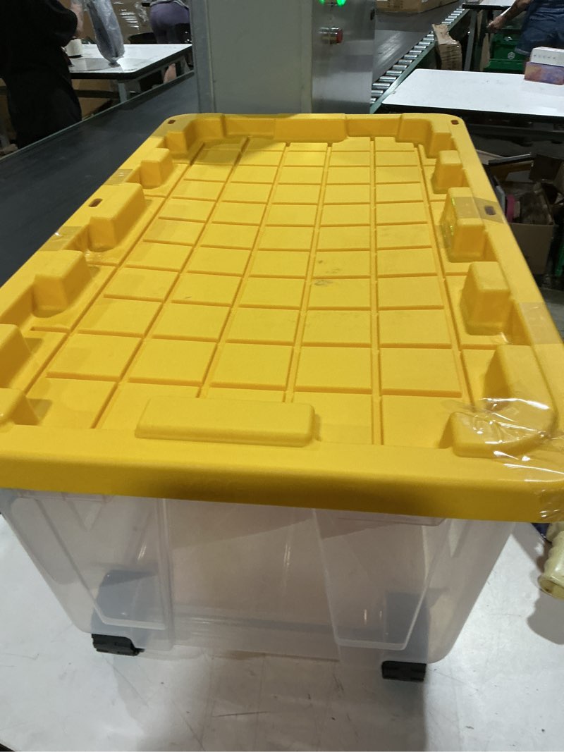 Condition photo showing As Is for project source commander x-large 40-gallon s (160-quart) clear heavy duty rolling tote with standard snap lid