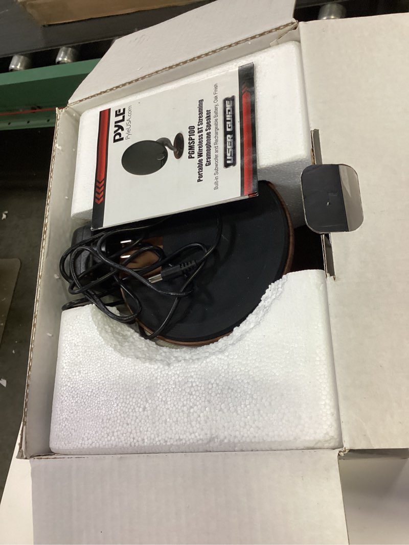 Condition photo showing As Is for Pyle Bluetooth Gramophone Speaker – Vintage Style Portable Wireless Speaker with Built-in Subwoofer, Twin Pairing, Hands-Free Calling & Touch Control, Wireless BT Streaming, 32ft Range, 10" x 6" x 13"
