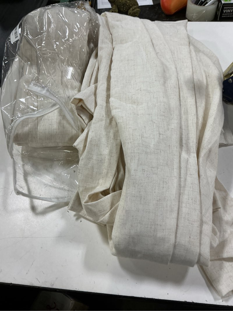 Condition photo showing Good Condition for beige pinch pleated thick linen curtains for sliding patio door 2 panels set, luxury memory trained pinch pleated curtains with hooks 70 inches wide, light filtering semi sheer privacy curtains ivory beige 70"w x 90"l (pack of 2)