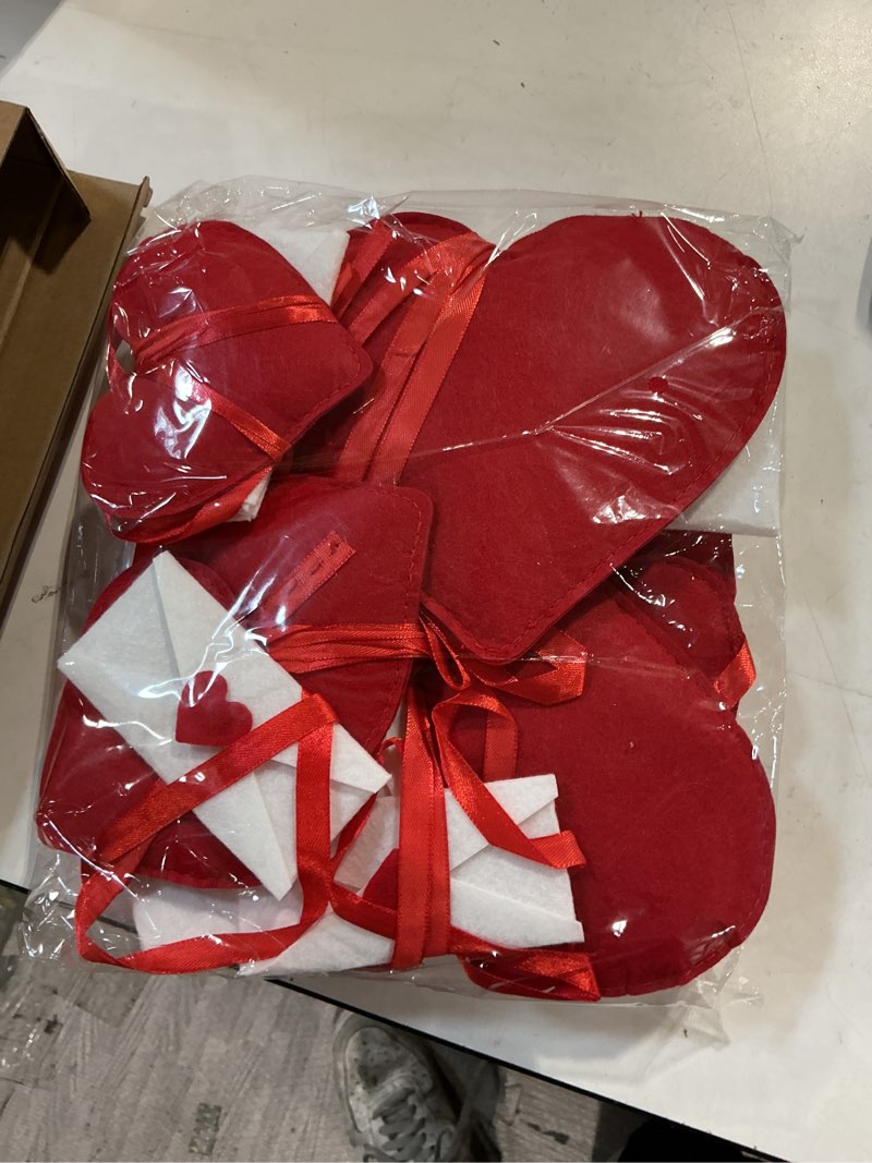 Condition photo showing New/Like New for tegeme 6 pcs felt envelope heart garland decor red hearts white envelopes sewn on 51 inch ribbons reusable hanging strings no diy decorations for window, door, fireplace, party supplies