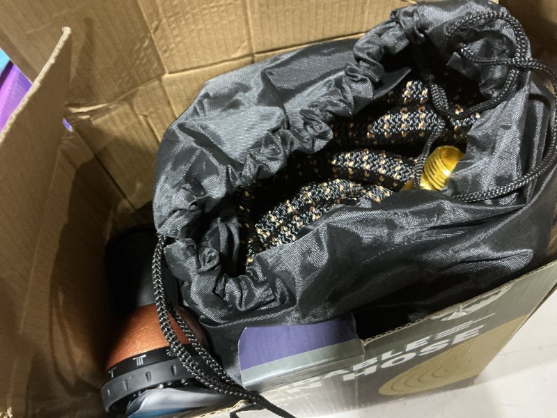 Condition photo showing As Is for garden hose 50ft, lightweight flexible water hose, 5/8" kink free leak proof hose, heavy duty 96-layer woven with 3/4" brass fittings, 10 function nozzle for yard lawn outdoor car wash(blackrosegold) 50ft black rose gold