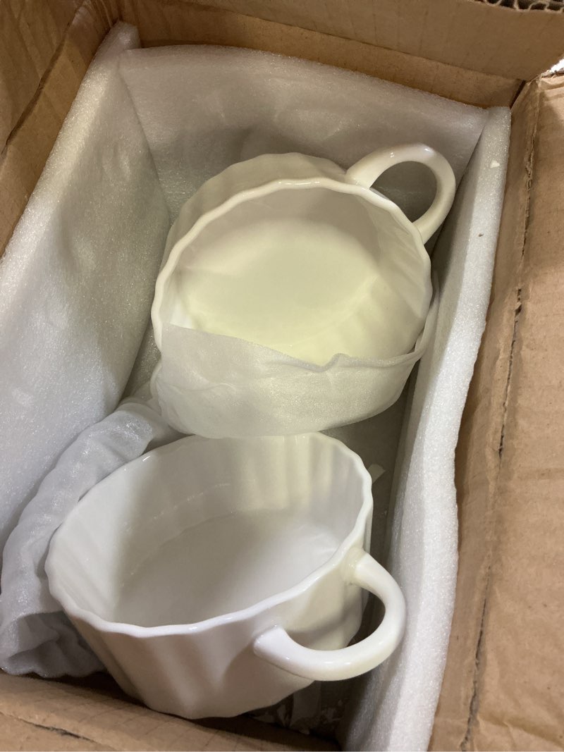 Condition photo showing As Is for foraineam 6 pack oven safe porcelain souffle dishes with double handles, 10 ounce round mini quiche pan, baking pie dish ramekins for pudding, creme brulee, souffle