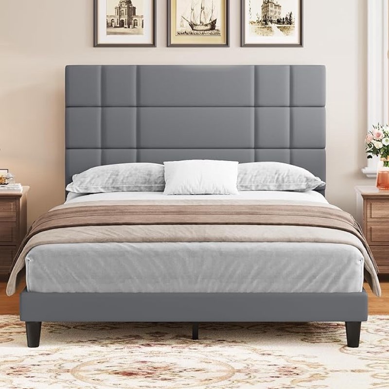 YITAHOME Queen Bed Frame Linen Fabric Upholstered Platform with Headboard and Strong Wooden Slats, Non-Slip and Noise-Free,No Box Spring Needed, Easy Assembly,Gray