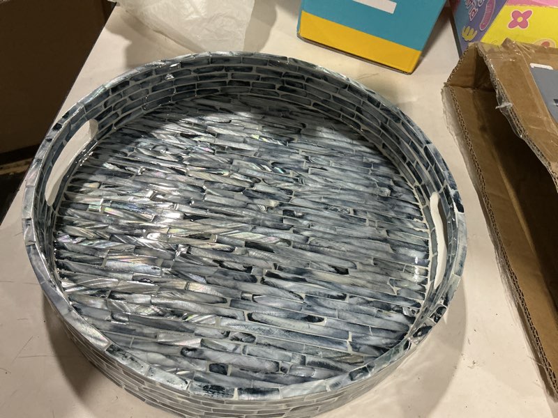 Condition photo showing Good Condition for pemar 12.6” mother of pearls lacquer inlaid round serving tray with handles, round decorative nacred wooden ottoman coffee table tray (blue tiles)