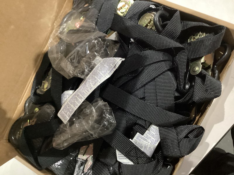 Condition photo showing Good Condition for Amazon Basics 1" x 15ft Ratchet Tie Downs, 500 lbs Load Cap, 1500 lbs Break Strength, Black, 12-Pack