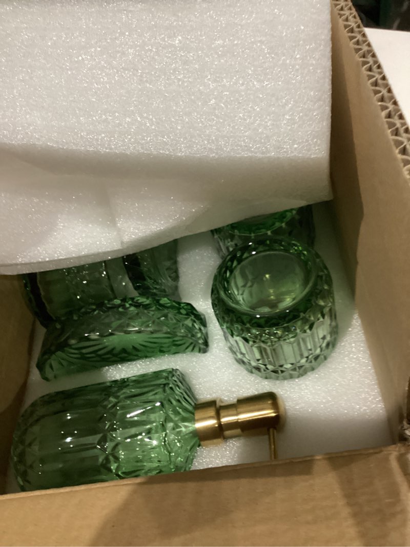 Condition photo showing Good Condition for EMPO 6PCS Bathroom Clear Glass Accessories Set (Lotion Soap Dispenser, Soap Dish, Toothbrush Holder, Tumbler, Cotton Swab Jar), Contemporary Modern Decor Crystal Vintage Gift (6pcs Green)