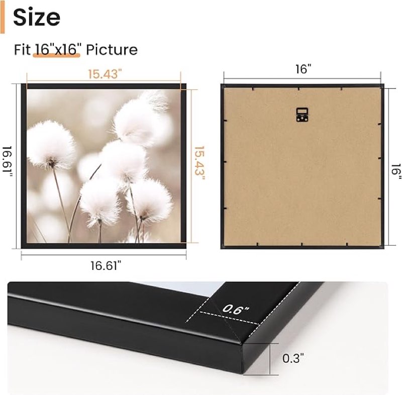 Venusmiles 16x16 Picture Frame, Display 16x16 Photo Frames - High Definition Plexiglass - Vertical and Horizontal Display - Wall Hanging or Table Top Frame - Black
