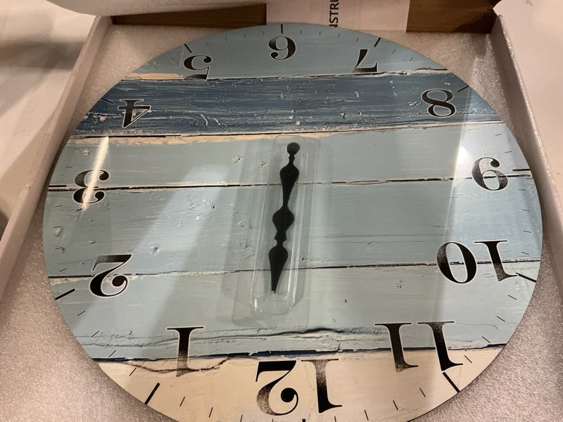 Condition photo showing Good Condition for Large Vintage Wooden Wall Clock for Office Decor - 16 Inch Silent Battery Operated Round Clock, Highland Cattle Design - Non-Ticking Wall-Clock for Farmhouse, Living Room Light Blue Wood Grain 16inch