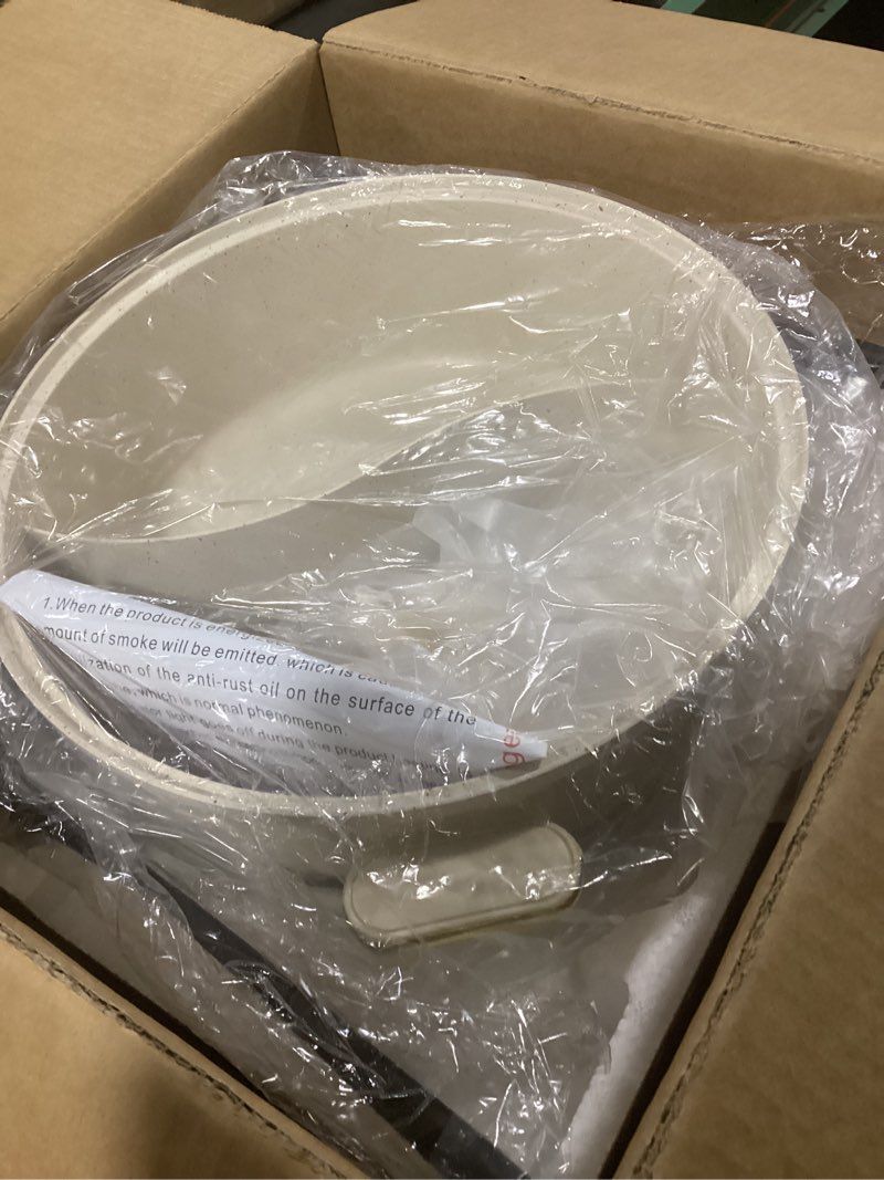 Condition photo showing Good Condition for Dezin Hot Pot Electric with Divider, 6L Double-Flavor Shabu Shabu Pot, Dual Sided Removable Non-Stick Hotpot Pot Electric, 3" Depth Chinese Hot Pot with Multi-Power Control, 2 Silicone Ladles Included Beige