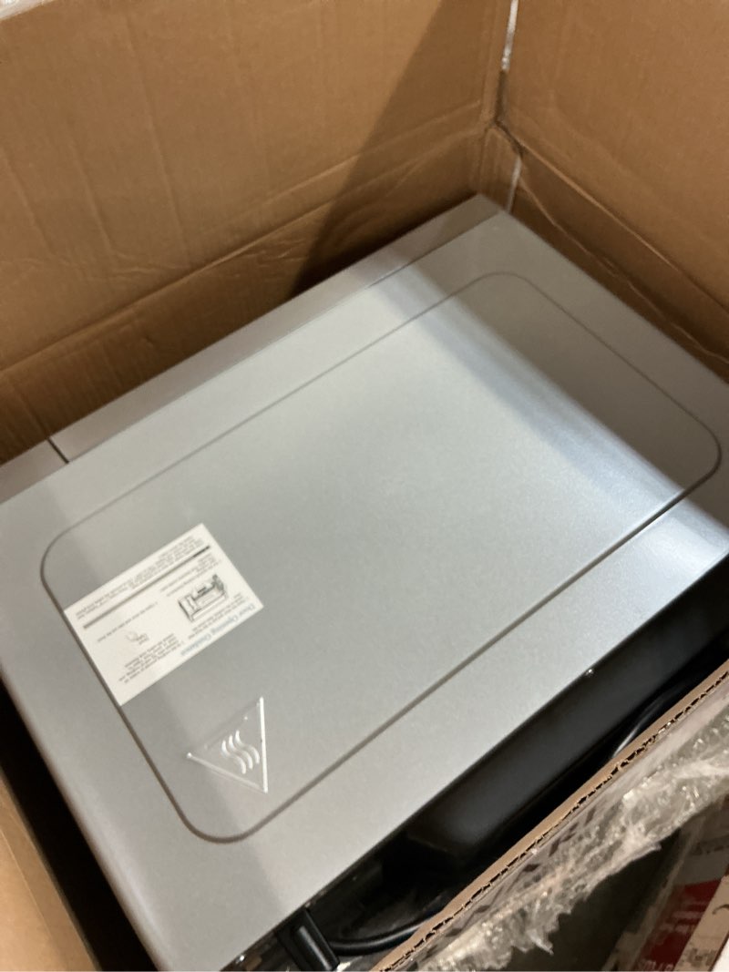 Condition photo showing As Is for Farberware 1.1 Cu. Ft. Countertop Microwave Oven – 1000 Watts Power, Auto Cook Settings, Defrost, Easy Clean and Child Safety Lock - White Platinum 1.1 Cu. Ft. White Platinum