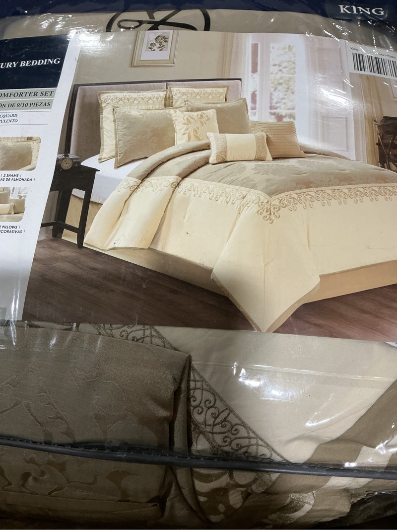 Condition photo showing Good Condition for Loom and Mill Elegant King Size Comforter Set 9-Piece, Luxury Damask Jacquard Bedding Sets, All Season Comforter with Bed Skirt, Euro Shams and Decorative Pillows(Beige, King) King Beige