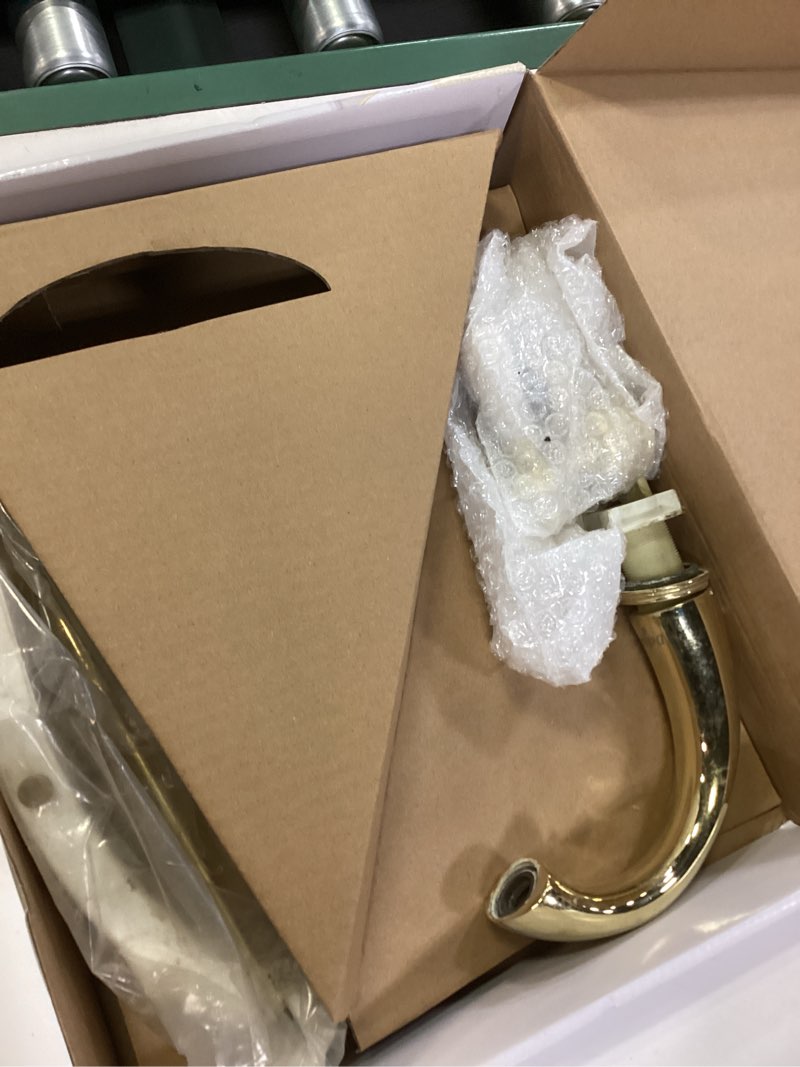 Condition photo showing As Is for 4 inch brushed gold bathroom sink faucet with pop-up drain and 2 supply hoses, stainless steel lead-free 2-handle centerset faucet for bathroom sink vanity rv