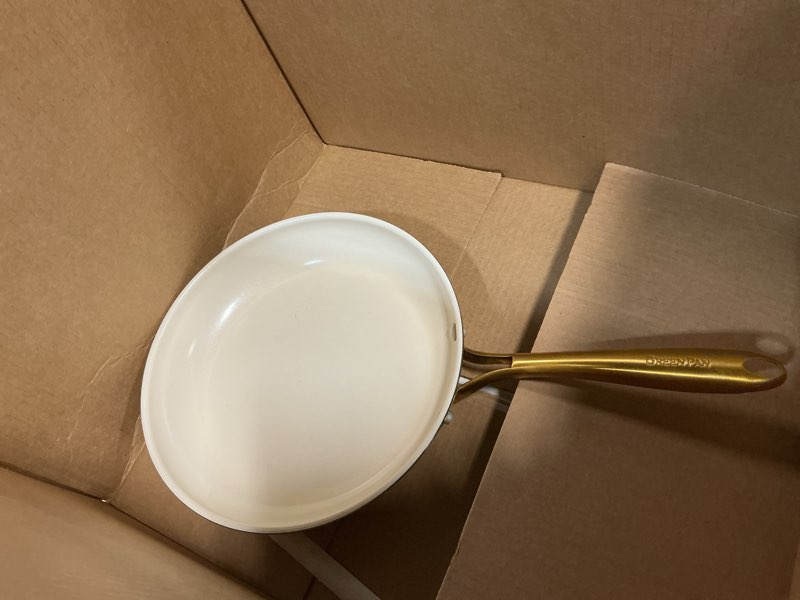 Condition photo showing As Is for greenpan swift 10" ceramic nonstick frying pan skillet, pfas & pfoa-free healthy cooking, gold stainless steel handle, versatile cooking essentials, dishwasher & oven safe, cream gold handle 10" frying pan skillet cream