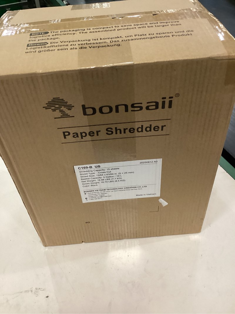 Condition photo showing New/Like New for bonsaii 15-sheet office paper shredder, 40 mins heavy duty shredder for home office, crosscut shreder with anti-jam system & p-4 high security supports cd/credit cards/staple,5 gal pullout bin c169-b 1 5 sheet-40 mins