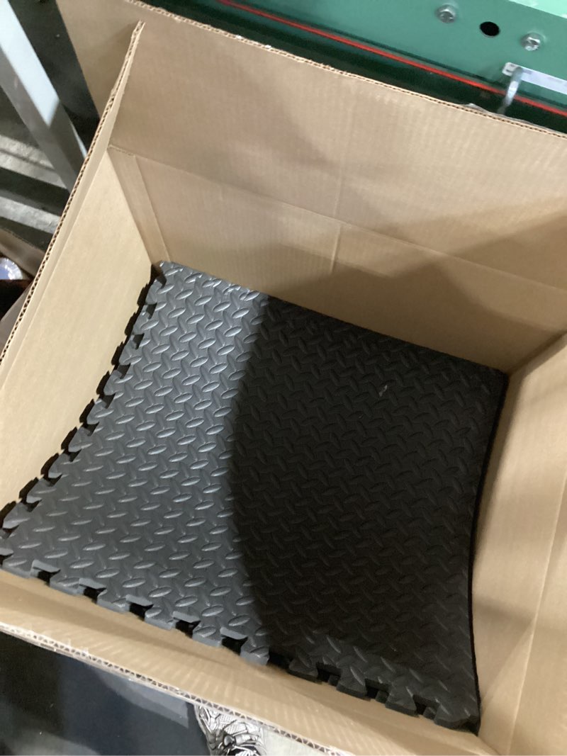 Condition photo showing As Is for prosourcefit puzzle exercise mat ½ in, eva interlocking foam floor tiles for home gym, mat for home workout equipment, floor padding for kids, black, 24 in x 24 in x ½ in, 24 sq ft - 6 tiles black 6 pack (24 sq ft)