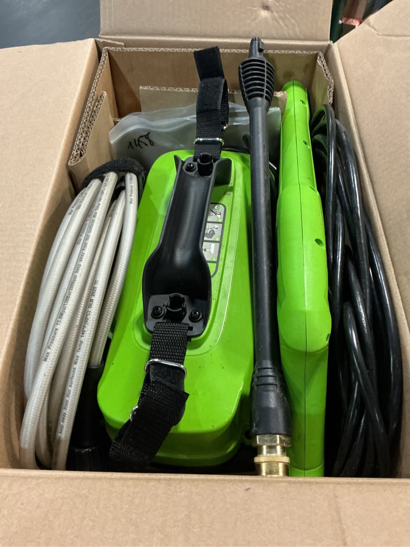 Condition photo showing As Is for greenworks 1800-psi 1.2-gpm cold water electric pressure washer with 2 spray tips