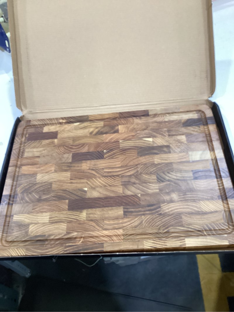 Condition photo showing Good Condition for thetchry teak wood cutting boards for kitchen, end grain cutting board with juice groove handles non-slip feet, reversible wooden chopping board serving tray for cheese and vegetables, 16.5" x 11.6" teak wood 16.5" x 11.6"