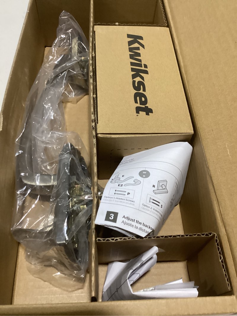 Condition photo showing Good Condition for Kwikset Prescott Entry Door Handleset and Lever, Stylish Front Door Handle Featuring Microban Protection, Non-Locking, Deadbolt Not Included, Satin Nickel