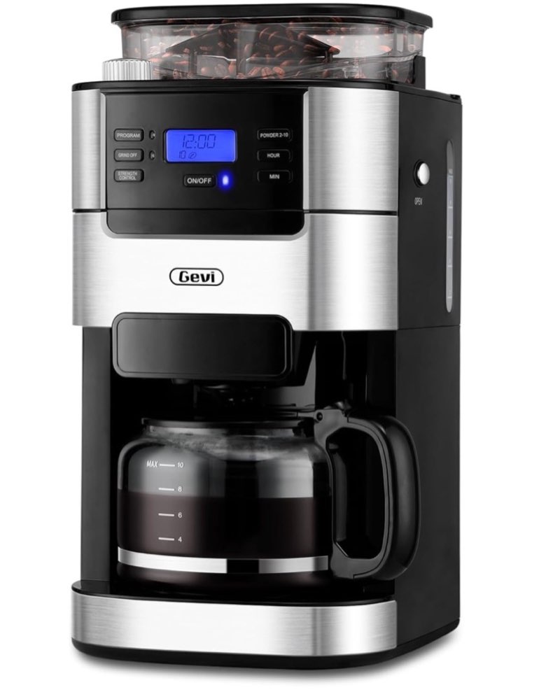 gevi 10-cup drip coffee maker with built-in grinder, programmable brew coffee machine with timer, re
