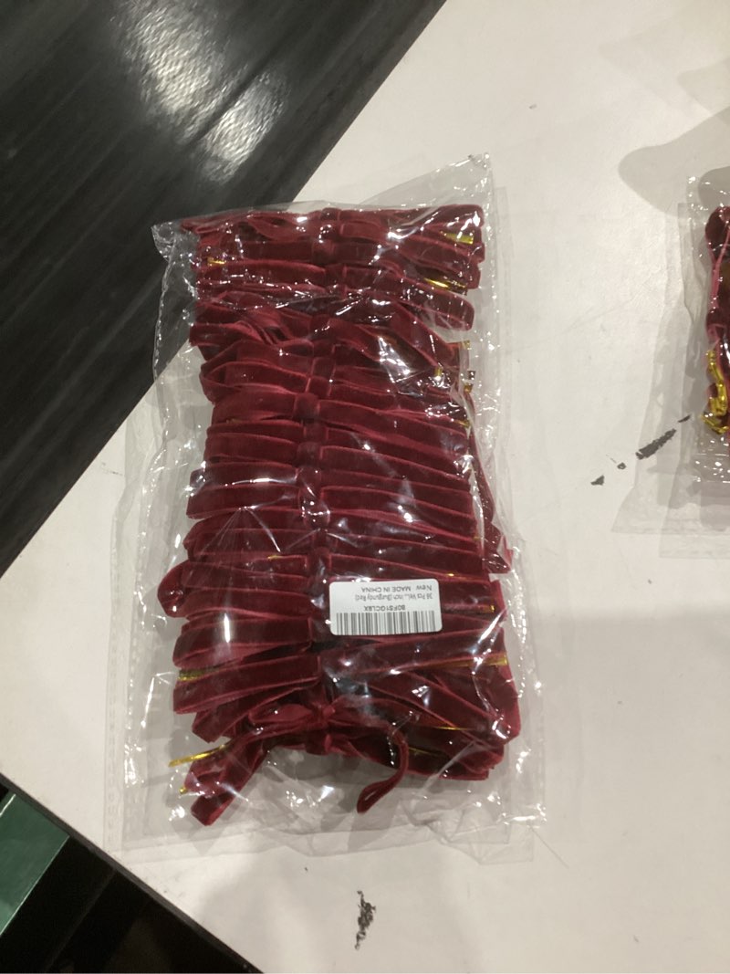 Condition photo showing New/Like New for 36 Pcs Burgundy Velvet Christmas Tree Bows Decor, Vintage Wreath Bow for Christmas Garland, Gift Wrapping, Xmas Tree, 3/8'' Wide, 5 * 7 inch