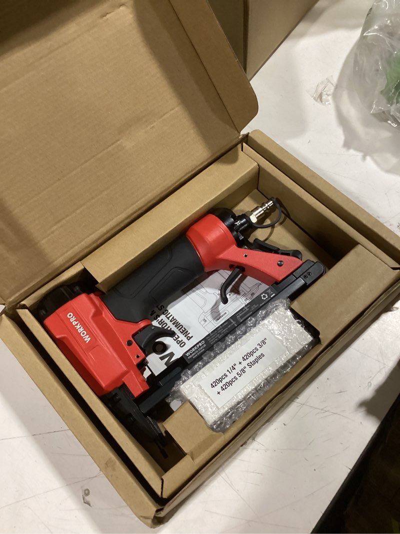 Condition photo showing As Is for workpro pneumatic 20 gauge staple gun, t50 upholstery stapler with 1260pcs staples 1/4”to 5/8”, rear exhaust, for carpentry, woodworking and diy projects