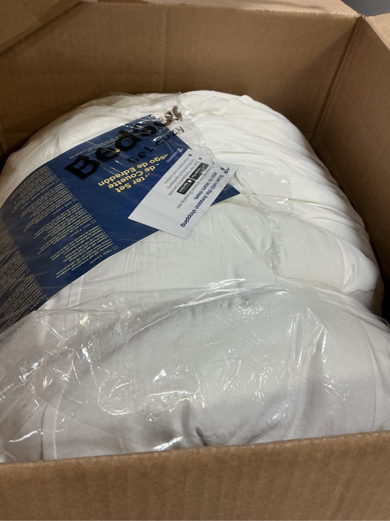 Condition photo showing As Is for bedsure white oversized king size comforter set - 4 pieces pinch pleat bed set, down alternative bedding sets for all season, 1 comforter, 2 pillowcases, 1 decorative pillow oversized king 01 - white