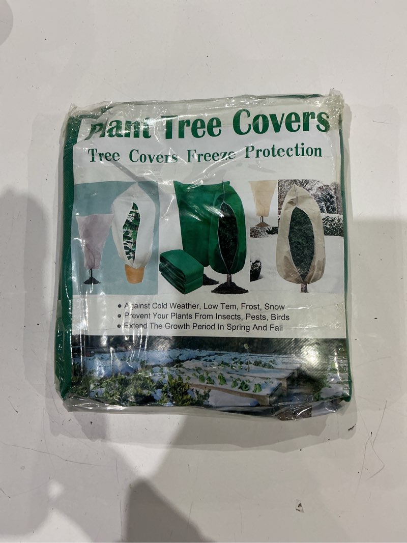 Condition photo showing As Is for 3pcs 47' x 71' plant covers freeze protection, frost cloth with zipper drawstring frost blankets plant protection cover bags for heavy duty winter cold weather outdoor plants bush shrub.(green) 3*green/47.7" x 71.7"
