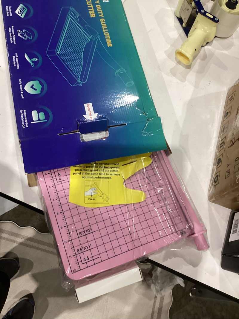 Condition photo showing Good Condition for Firbon 12" Guillotine Paper Cutter, Heavy Duty 12-Sheet Capacity Trimmer for Cardstock, Photos, Scrapbooking, Office, Classroom, Studio (Pink)