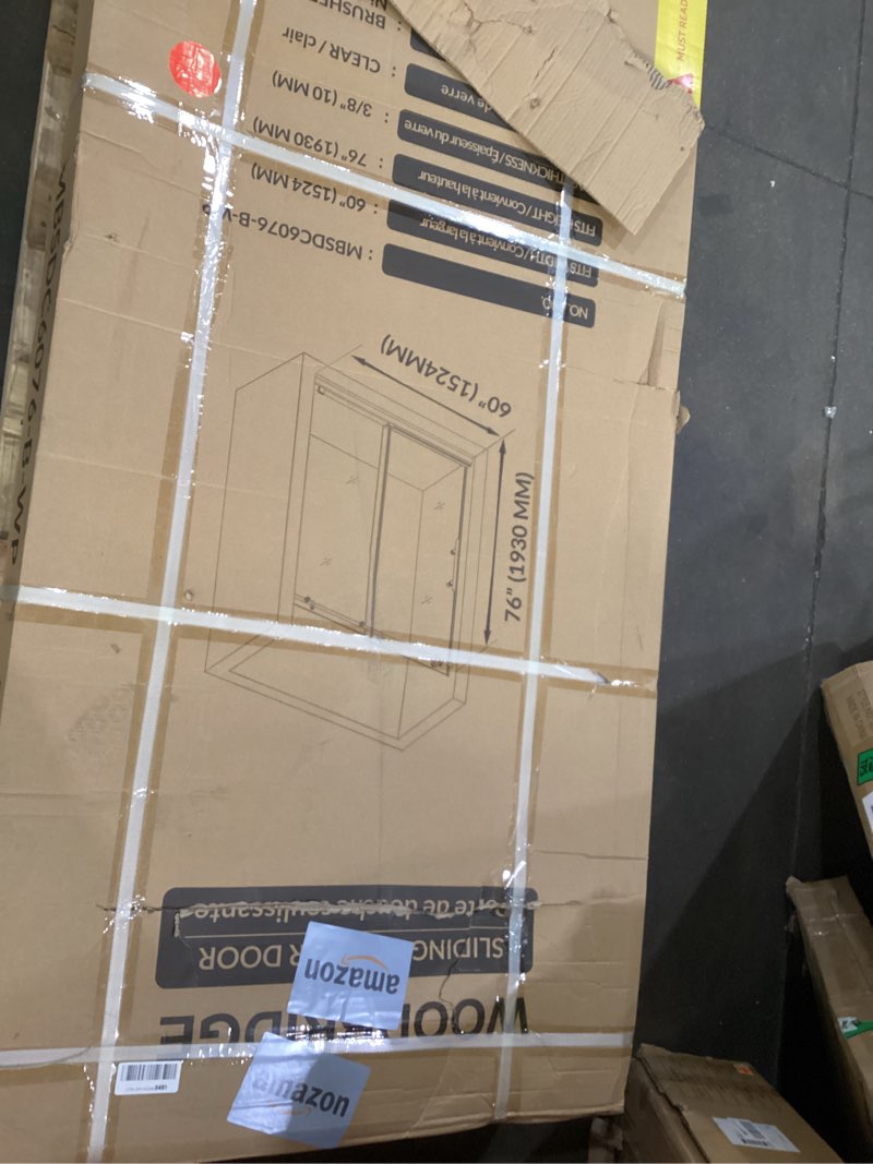 Condition photo showing As Is for woodbridge frameless sliding shower, 56"-60" width, 76" height, 3/8" (10 mm) clear tempered glass, brushed nickel finish, designed for smooth door closing brushed nickel 60"x76" shower door