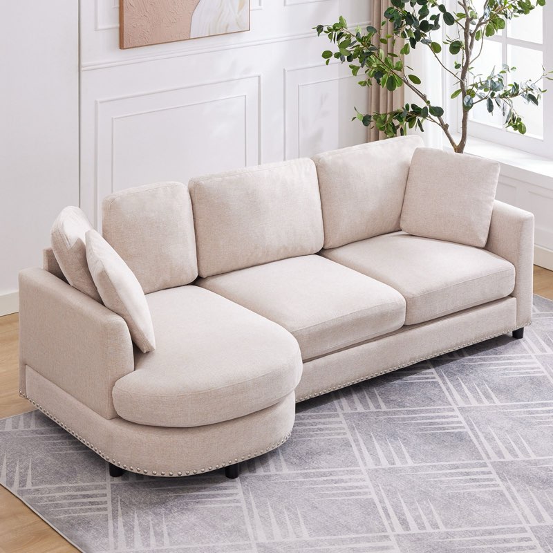 ZAFLY 3 Seater Sofa Couch, L Shaped Couch with Chaise, Curved Couches for Living Room - Beige, (incomplete, only one of multiple pieces)