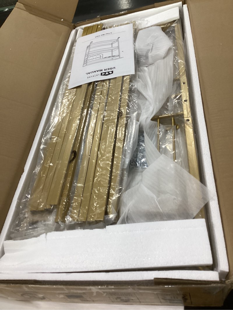 Condition photo showing As Is for leteuke bar cart for home, 3 tier gold serving rolling carts with wheels, drink cart, liquor stand with marbled wooden shelves, wine rack and glass holder for kitchen, dining room