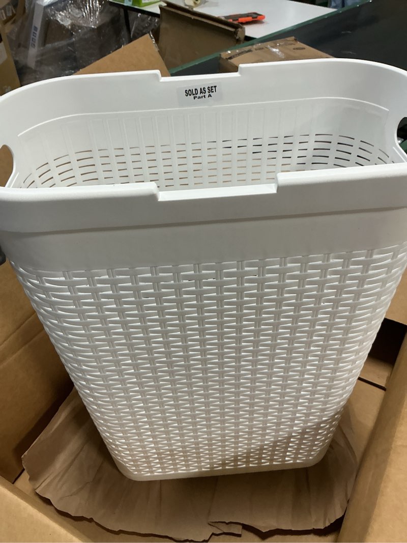 Condition photo showing As Is for Mind Reader Slim Laundry Hamper with Lid, 40L Clothes Basket, Premium Wicker Design, Plastic, White White Single