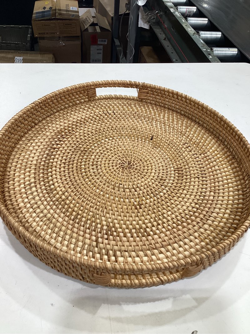 Condition photo showing As Is for coffee table tray round rattan ottoman tray woven serving trays with handles for home and kitchen decorative natural (large 16.9 inch) 16.9" natural