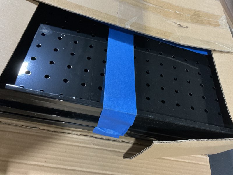 Condition photo showing Good Condition for PBHEPJ 8 Pcs Metal Pegboard Panels, Heavy Duty Peg Boards for Garage and Garden Tool Storage, Includes Drywall Anchors and Screws Kits, Black (8 pcs 16in x 12in) 64" x 24"