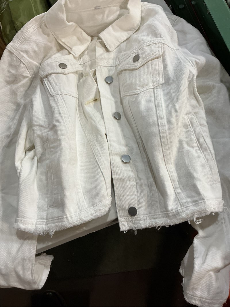 Condition photo showing Good Condition for miss moly jean jacket women’s frayed washed button up cropped denim jacket w 2 side pockets x-large white
