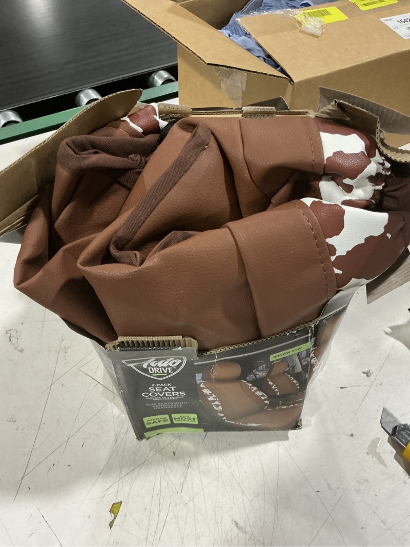Condition photo showing As Is for auto drive universal fit brown white cow faux leather car seat and headrest cover, set of 2