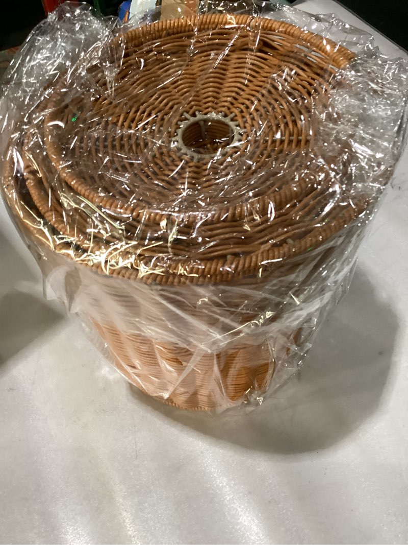 Condition photo showing New/Like New for yarnow rattan trash can with lid 9.2x9.2x11 inches woven storage barrel plastic basket for home organization kitchen bathroom living room