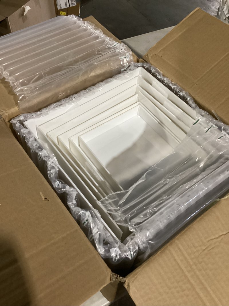 Condition photo showing Good Condition for 6 pcs large buffet risers display stands set 7" to 12"- acrylic food & dessert table display stand shelf for party, catering, jewelry, collectibles, white cube storage boxes
