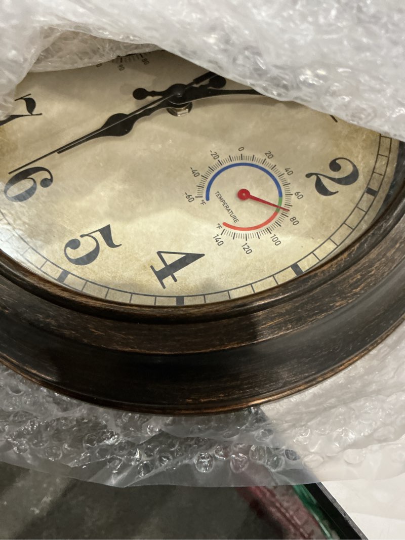 Condition photo showing Good Condition for 12 inch outdoor clock with thermometer and hygrometer combo, waterproof indoor outdoor wall clocks for patio, pool,garden decor- retro bronze 12 bronze