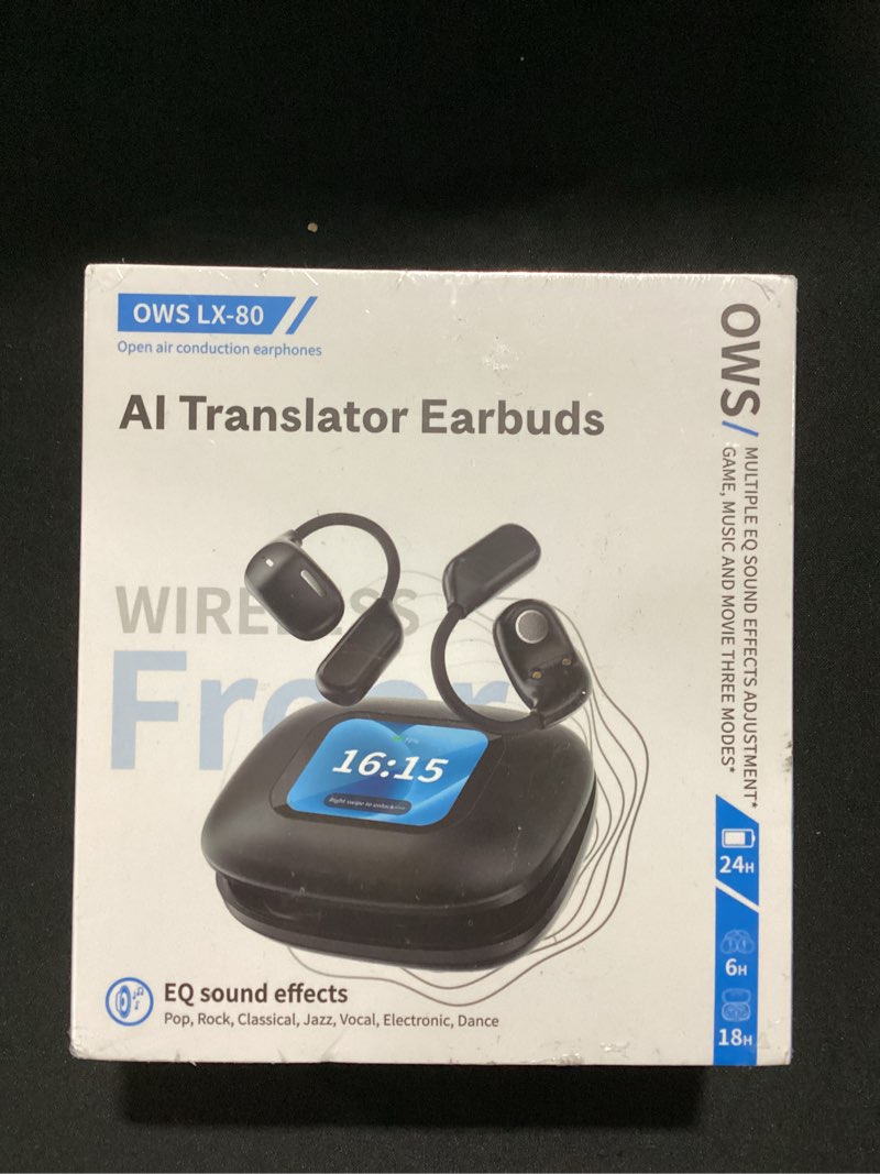 Condition photo showing New/Like New for ai translation earbuds real time, wireless bluetooth translator for 128+ languages travel business, noise reduction, wireless bluetooth 5.4 touch screen translating headphones (black)