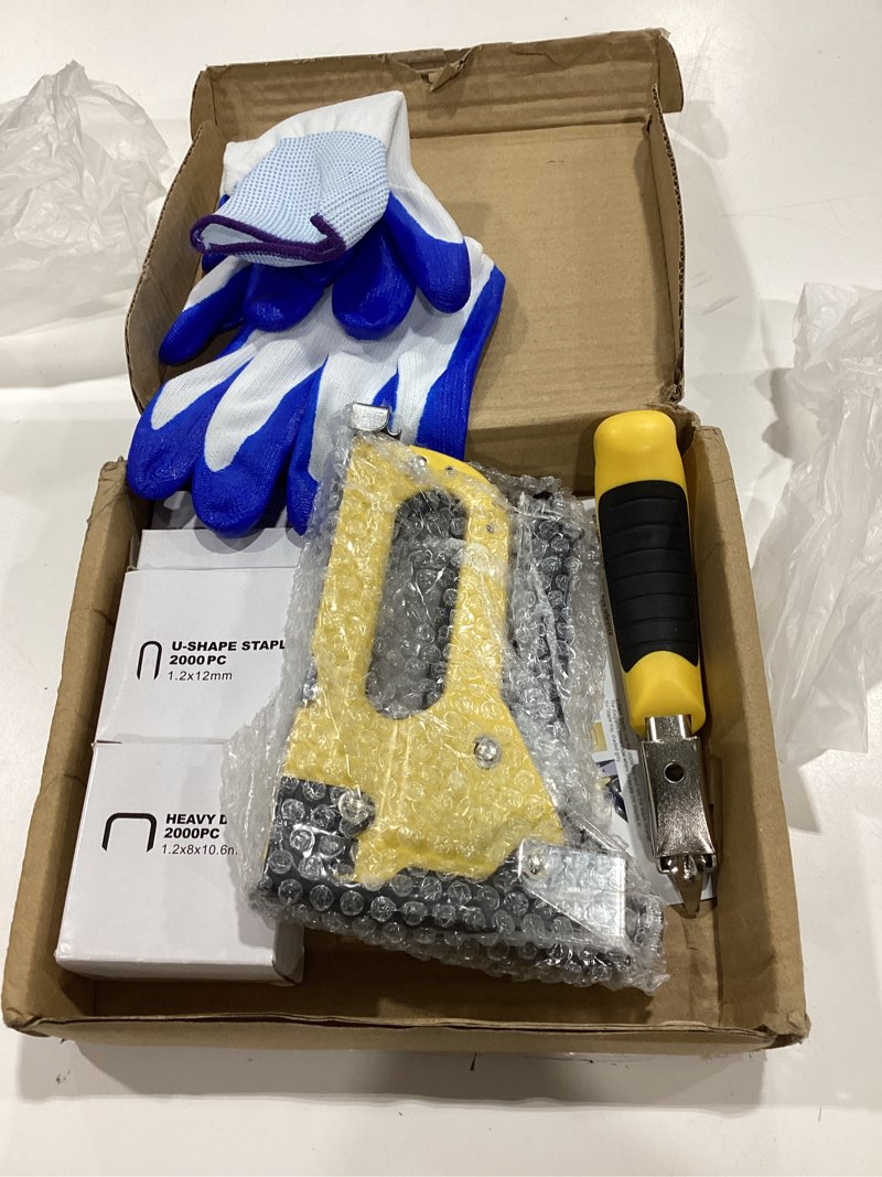 Condition photo showing Good Condition for upholstery 4 in 1 staple gun heavy duty, with 6000 staples, remover, gloves, manual brad nailer power adjustment stapler gun for wood, upholstery, carpentry, decoration diy staple gun 4-in-1 staple gun with 6000 staples, remover, gloves
