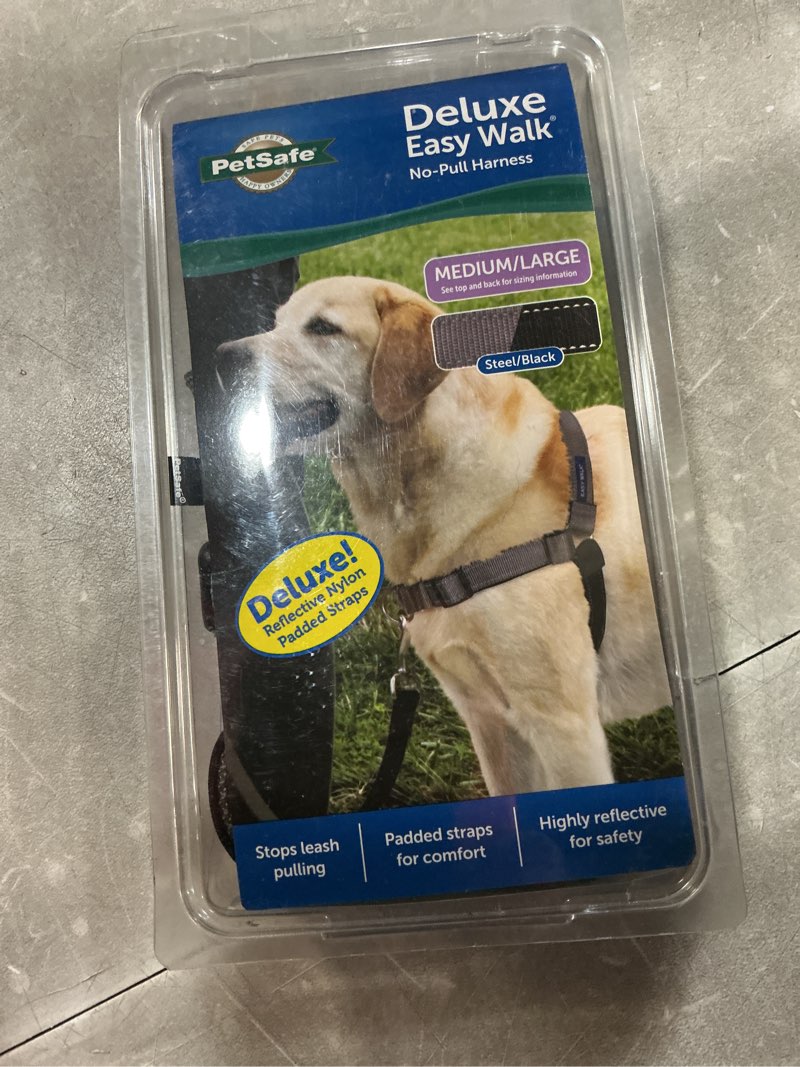 Condition photo showing New/Like New for petsafe easy walk deluxe dog harness, no pull dog harness – perfect for leash & harness training – stops pets from pulling and choking on walks – medium/large, steel medium/large steel