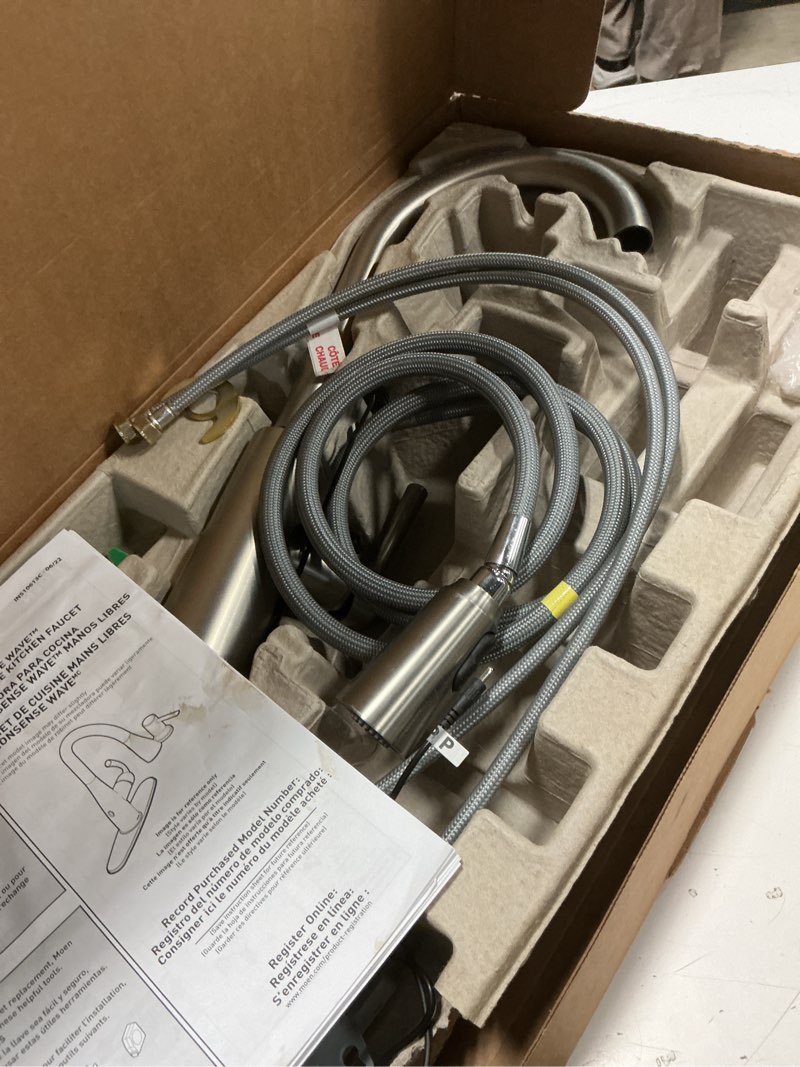 Condition photo showing As Is for Moen Riley Spot Resist Stainless Hands-Free Touchless Sensor Single Handle Pull Down Kitchen Faucet, 7402EWSRS Wave Sensor Spot Resist Stainless